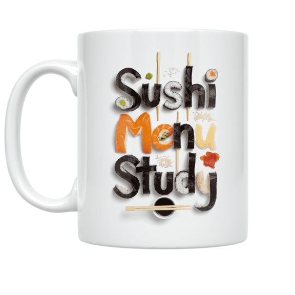 Sushi Menu Study Mug, Sushi Lovers, Kitchen Decor, and Culinary Inspiration, 11 oz White Ceramic