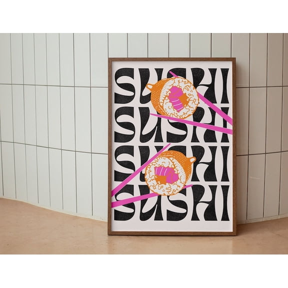 Sushi Modern Poster, Sushi Lover Exhibition Print, Hot Pink Orange Wall Art, Housewarming Bar Trendy Food Wall Decor Bar Size 24x36 Unframed Poster