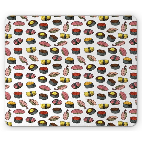 Sushi Mouse Pad, Sashimi and Rolls Cuisine Delicious Doodle, Rectangle Non-Slip Rubber Mousepad, White Multicolor, by Ambesonne