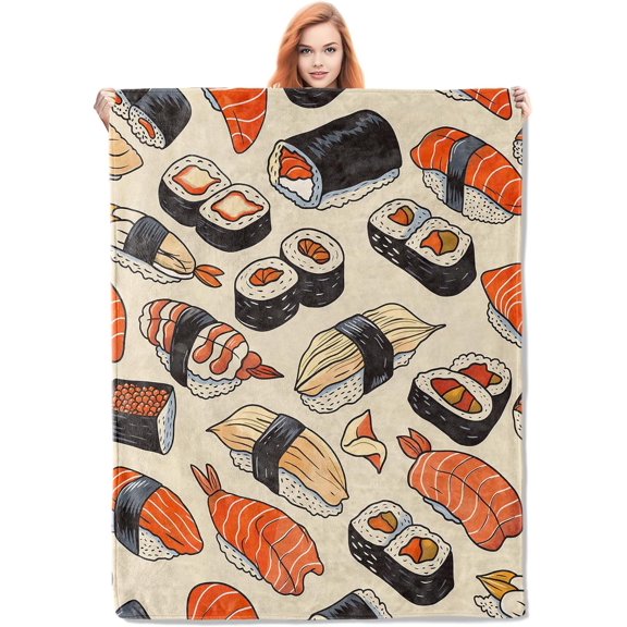 Sushi Pattern Blanket, Fun Food-Themed Fleece Throw with Cartoon Sushi Design, Soft Cozy Lightweight Blanket, for Sushi Lovers, 50x60 in,Decor