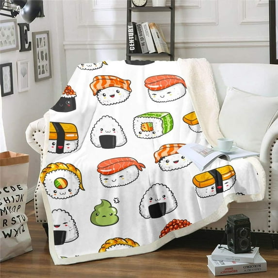 Sushi Pattern Blanket Japanese-Style Fleece Blanket for Bed Couch Sofa Kids Kawaii Food Theme Throw Blanket Cute Japanese Sushi Plush Sherpa Throw Blanket Room Decor Air Conditioning Twin 60"x80"