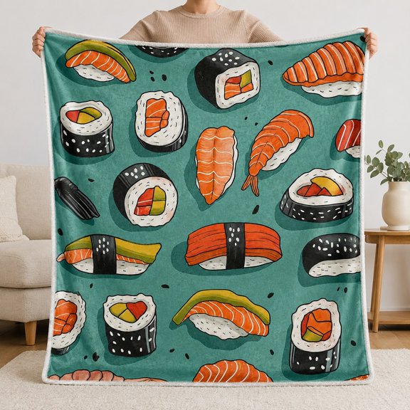 Sushi Pattern Sherpa Blanket, Soft Polyester Fleece Throw, Multicolor