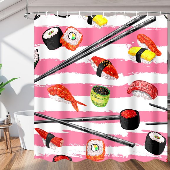 Sushi Pattern Shower Curtain for Bathroom Shower Curtain Set with 12 Hooks Waterproof Fabric Bath Curtain for Bathtub Restroom Decor, 72 X 72 in
