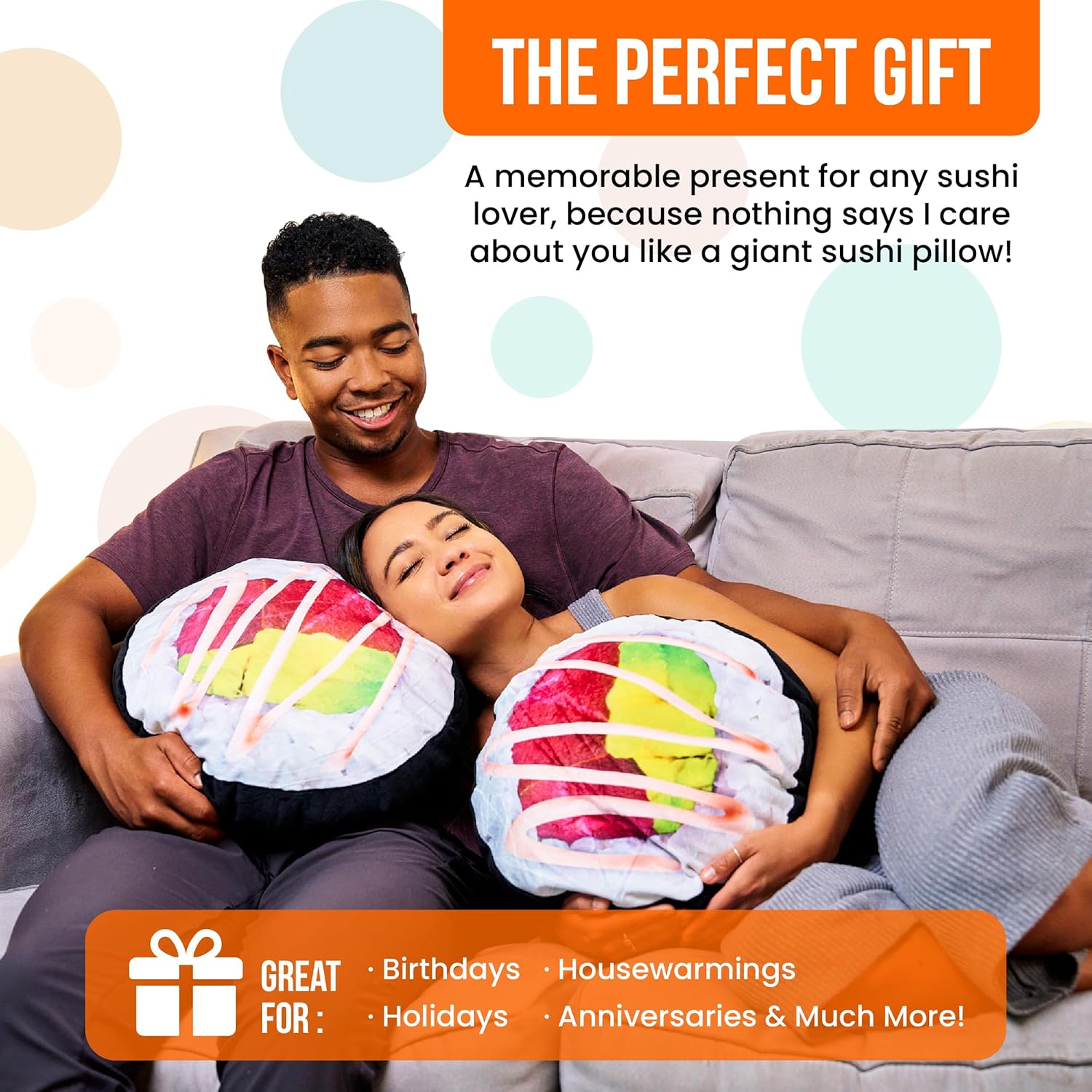 Sushi Pillow for Bed, Sofa & Couch, 14" Soft & Plush Sushi Roll Cushion