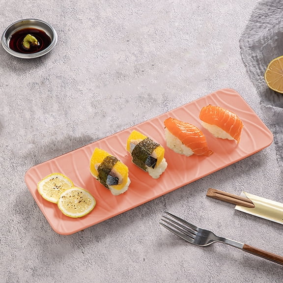 Sushi Platters for Party, QQZ Durable Plastic Serving Trays with Non-Slip Base, Long Rectangle Cake Tray for Entertaining Appetizers Cheese Snacks, Pink