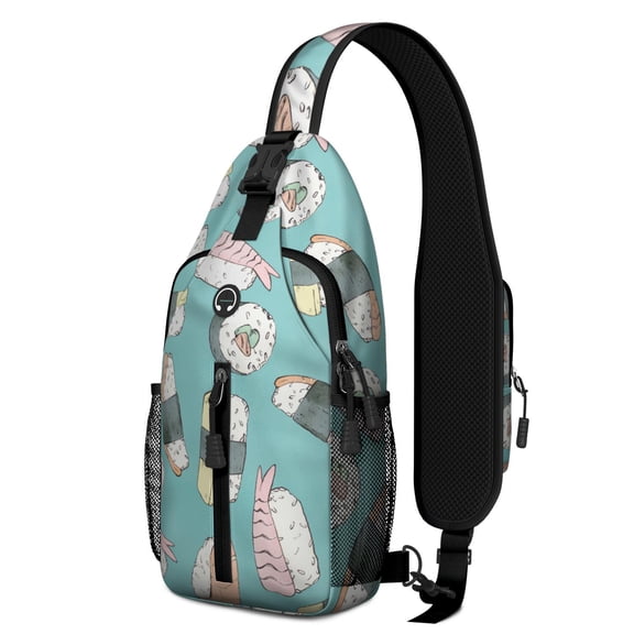 Sushi Print Sling Backpack, Kawaii Japanese Food Crossbody Daypack with Sushi Roll and Fish Design for Sushi Lover Gifts