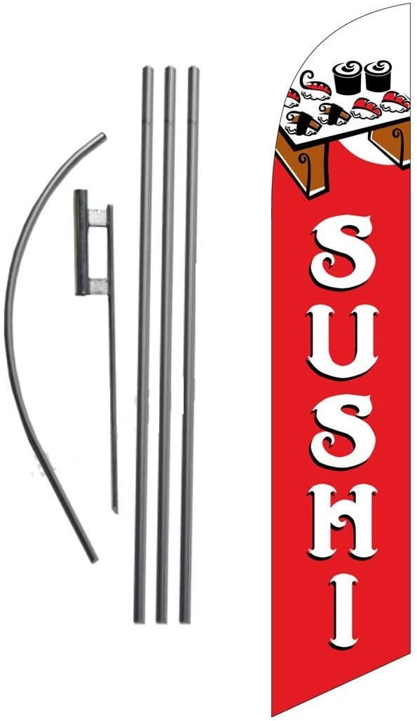 Sushi Restaurant Advertising Feather Banner Swooper Flag Sign with 15 Foot Flag Pole Kit and Ground Stake