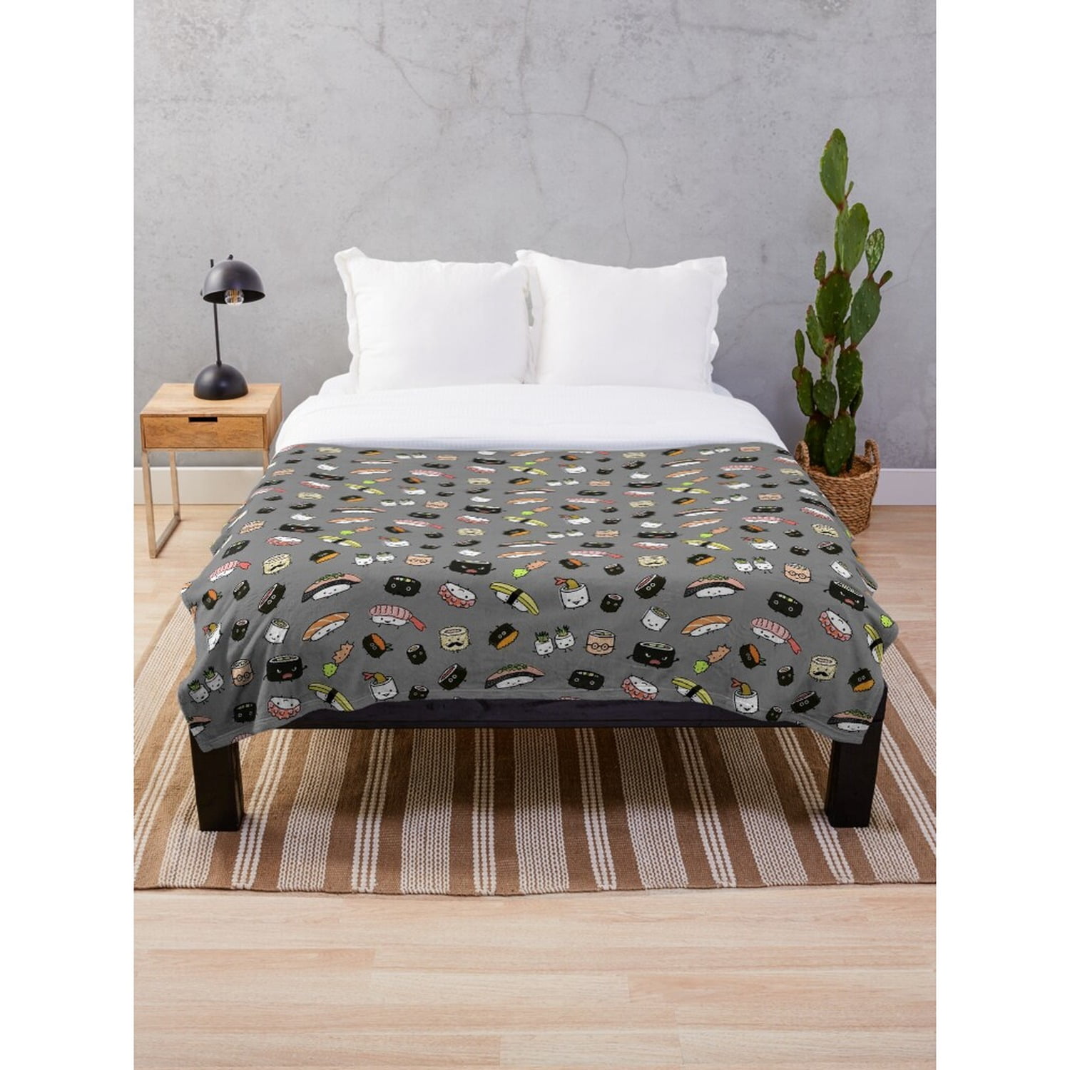 Sushi Rolls and Nigiri Gray Polyester Fleece Blanket, 280 GSM, Japanese ...
