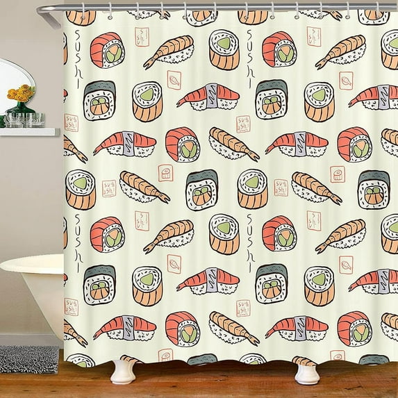 Sushi Shower Curtain for Kids Girls Adults Women,Japanese-Style Food Bath Curtain 72" Wx72 L Kawaii Style Bathroom Accessories Cartoon Pattern Bathtub Shower Curtain for Bathroom Decor
