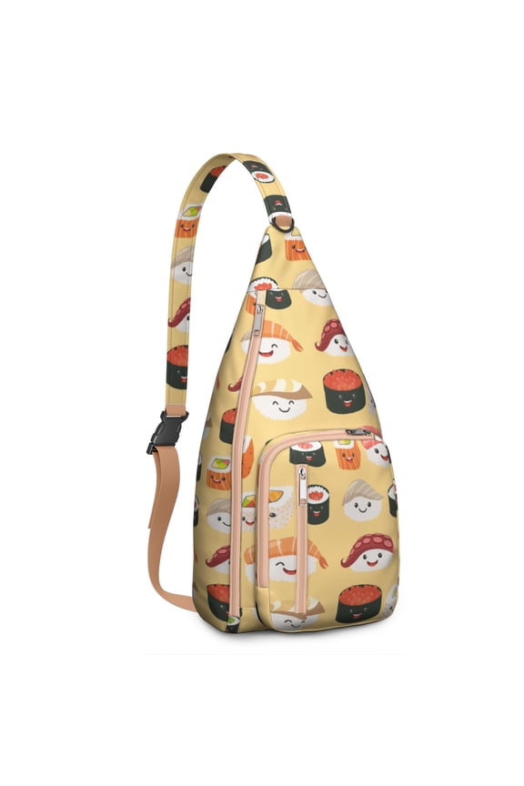 Sushi Sling Backpack – Cute Japanese Food Cartoon Crossbody Daypack for Women, Teens & Foodies – Sushi Roll & Avocado Print Bag for Travel, Hiking, School & Sushi Parties