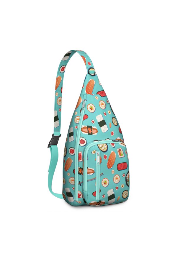 Sushi Sling Backpack – Cute Japanese Food Cartoon Crossbody Daypack for Women, Teens & Foodies – Sushi Roll & Avocado Print Bag for Travel, Hiking, School & Sushi Parties