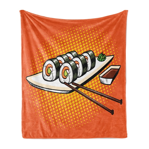 Sushi Soft Flannel Fleece Throw Blanket, Japanese Dish Served on Plate with Wasabi Image Comic Book Style Halftone Backdrop, Cozy Plush for Indoor and Outdoor Use, 50" x 70", Multicolor, by Ambesonne