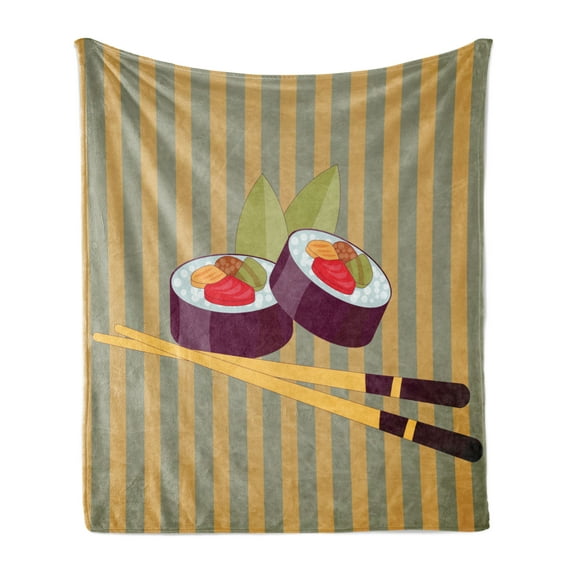 Sushi Soft Flannel Fleece Throw Blanket, Japanese Sushi Rolls Avocado and Shrimp Rolled up in Seaweed on Striped Background, Cozy Plush for Indoor and Outdoor Use, 70" x 90", Multicolor, by Ambesonne