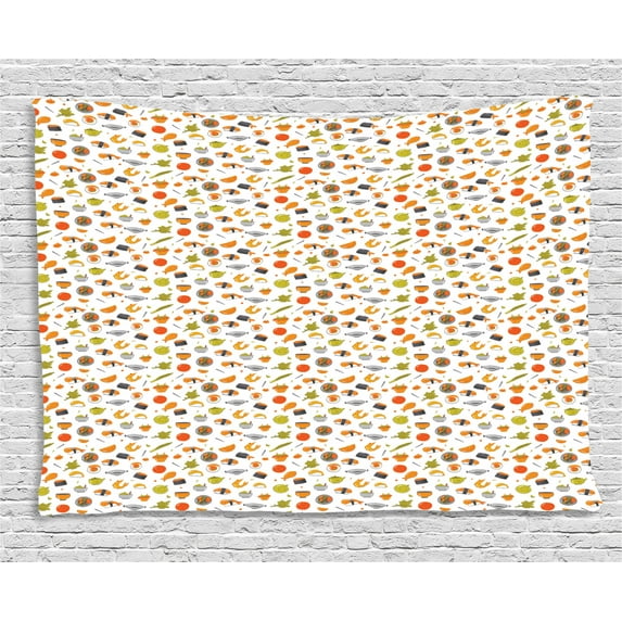 Sushi Tapestry, Japanese Gourmet Menu Concept Healthy Fresh Nigiri Nori Shrimp and Eel Fish Food, Wall Hanging for Bedroom Living Room Dorm Decor, 80W X 60L Inches, Multicolor, by Ambesonne