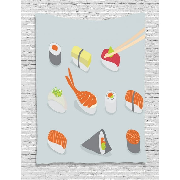 Sushi Tapestry, Oriental Asian Snacks as Nigiri Maki and Tobiko Rolls in the Style of Flat Design, Wall Hanging for Bedroom Living Room Dorm Decor, 60W X 80L Inches, Multicolor, by Ambesonne