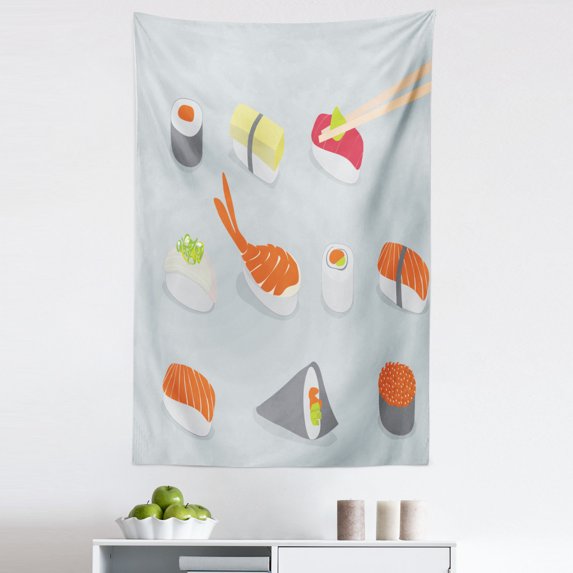 Sushi Tapestry, Snacks as Nigiri Maki and Tobiko Rolls in the Style of Flat Design, Fabric Wall Hanging Decor for Bedroom Living Room Dorm, 5 Sizes, Multicolor, by Ambesonne
