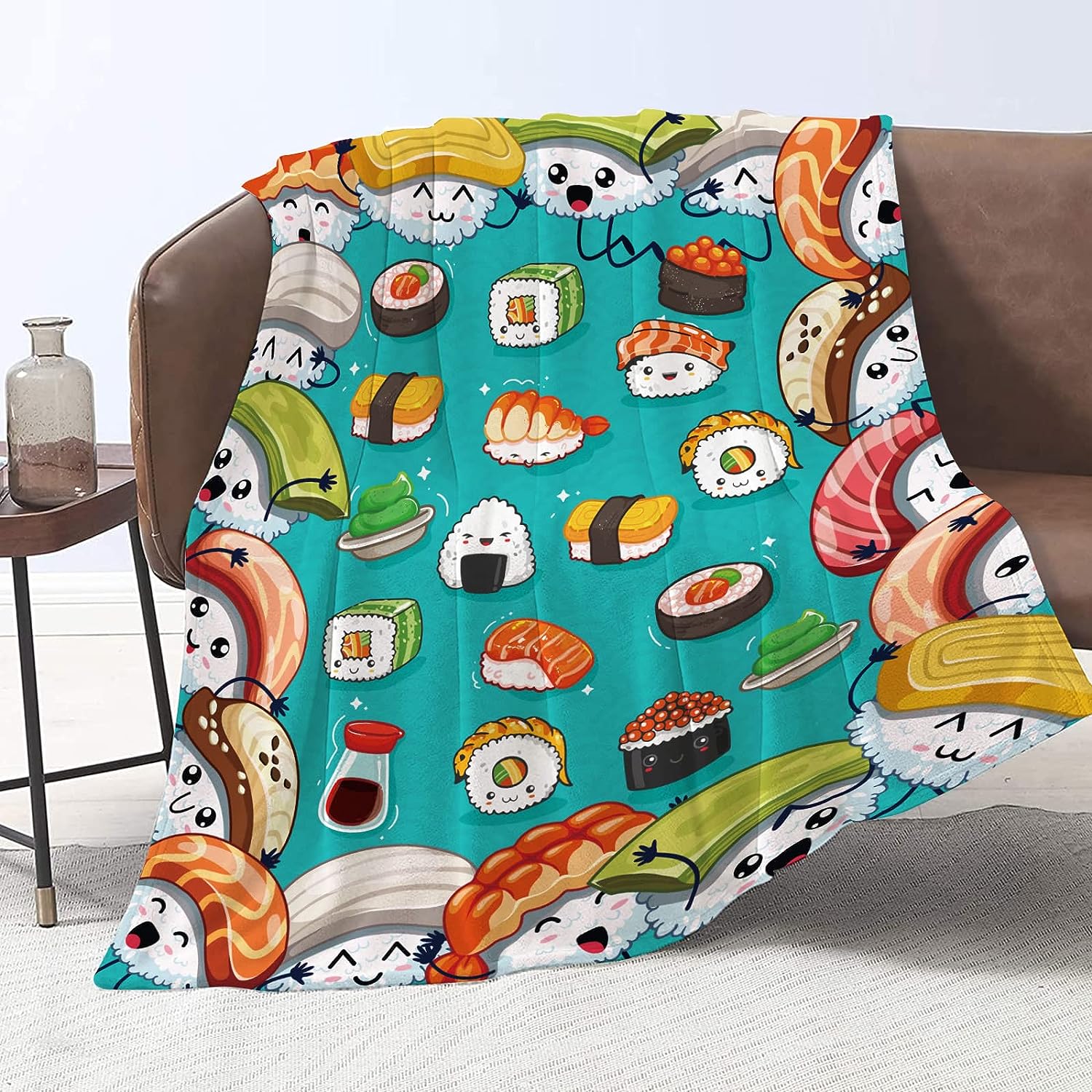 Sushi Throw Blanket for Kids Funny Cartoon Sushi Food Flannel Blanket Soft Cozy Bed Blanket for