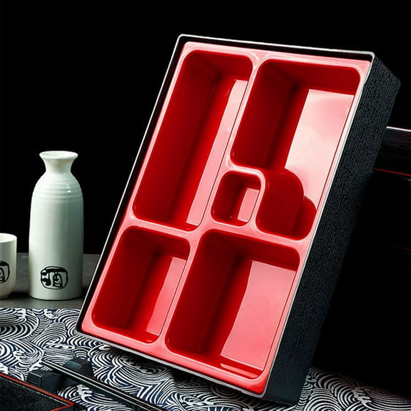 Sushi Tray Lunch Box Bento Box with Lid Traditional Plastic Lacquered Container 5 Compartment for Rice Noodles Dipping Sauce - Home Restaurant Adult Meal Prep 10.62x8.26x2.36 Inch 1 Pack