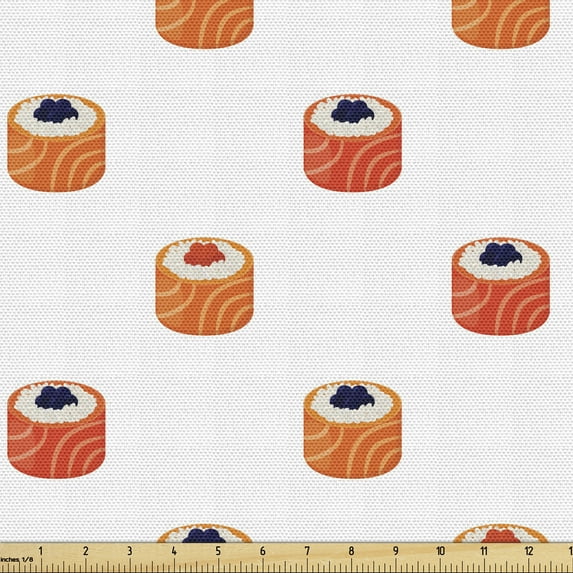 Ambesonne Sushi Fabric by the Yard Upholstery, Raw Fish and Rice with Caviar, 10 Yards, Orange Salmon Dark Blue