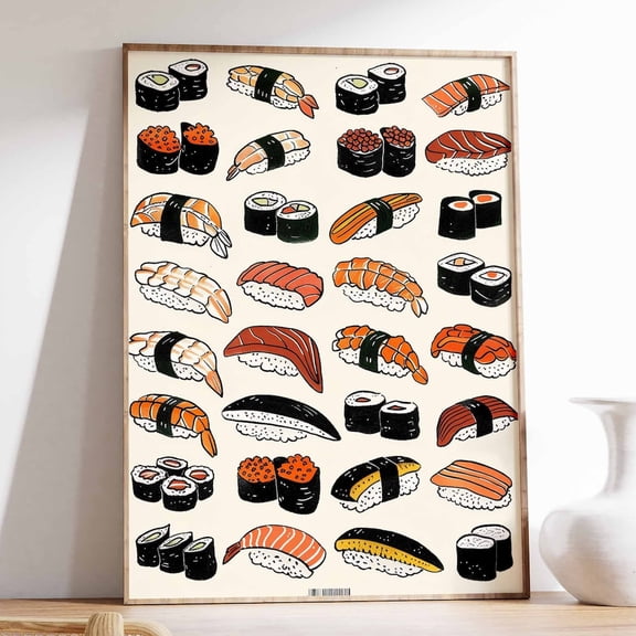 Sushi Varieties Japanese Kitchen Food Poster UNFRAMED PAPER POSTER, Home Decor
