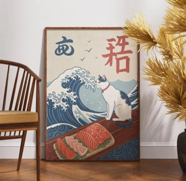 Sushi Wave Cat Poster, Retro Japanese Art, Kawaii Food Print NO FRAMED ...