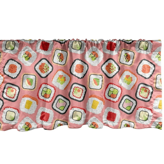 Sushi Window Valance, Famous Food of Japan Yummy Dish with Salmon Sashimi Seafood Exotic Cuisine, Curtain Valance for Kitchen Bedroom with Rod Pocket, 54" X 12", Multicolour, by Ambesonne
