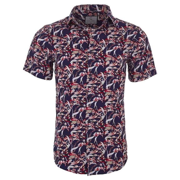 Suslo Couture Men's Slim Fit Designable Printed Short Sleeve Button Down Shirt Red & Red Chains 2XL