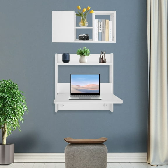 Suspended Wall Mounted Folding Desk, Computer Desk, Solid Wood Wall Connected Desk, Bed End Bookshelf (Light Walnut Color/White/Grey/Walnut Color Optional)