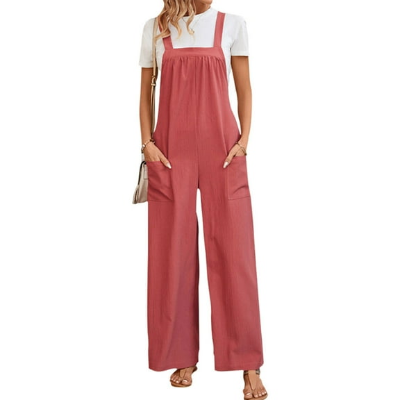 Suspender Bib Pants for Women Loose Casual Straight Wide Leg Rompers Solid Flowy Outdoor Overalls with Pockets 2025