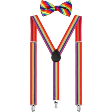 Suspender Bow Tie Set Clip On Y Shape Adjustable Braces, 80s Suspenders Shoulder Straps for Halloween Cosplay Party