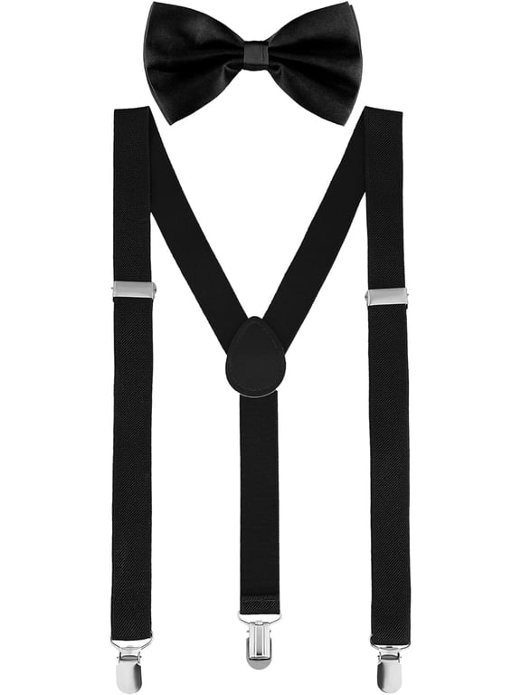 Suspender Bow Tie Set Clip On Y Shape Adjustable Braces, 80s Suspenders Shoulder Straps for Halloween Cosplay Party