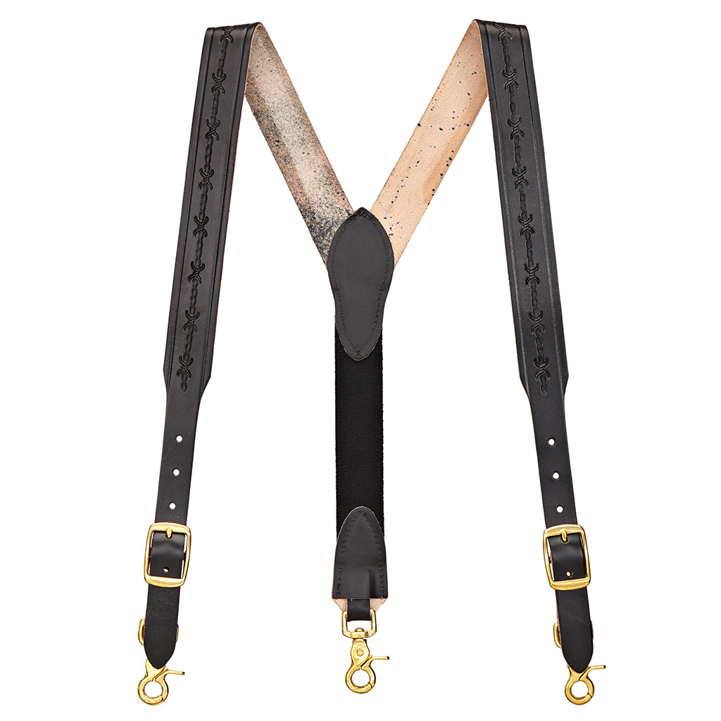 SuspenderStore Barbed Wire 1.5 Inch Wide Western Leather Suspenders Trigger Snap
