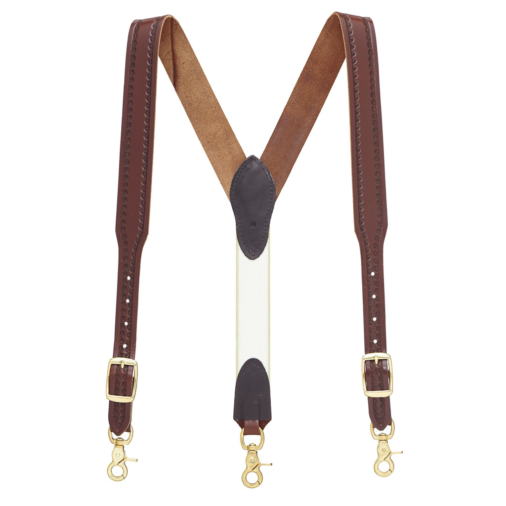 SuspenderStore Border Stamped 1.5 Inch Wide Western Leather Suspenders TRIGGER SNAP