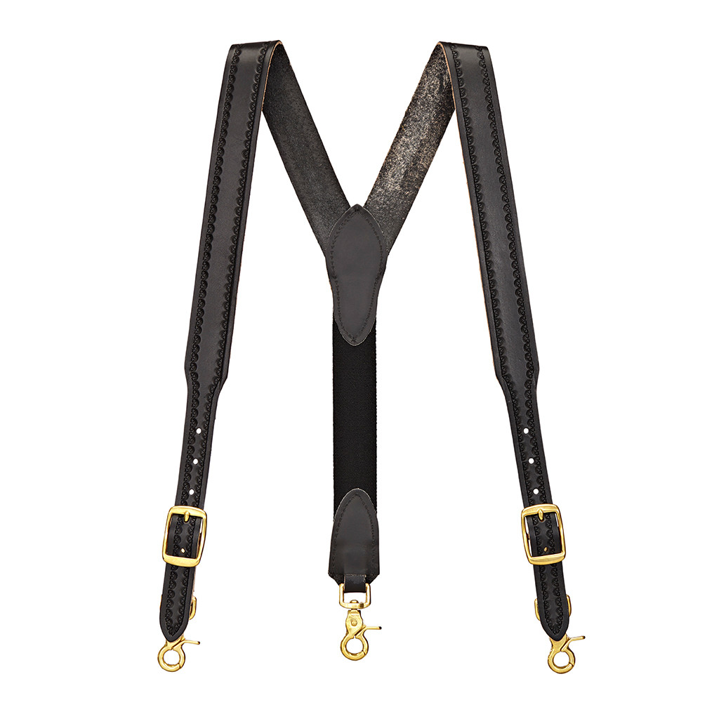 SuspenderStore Border Stamped 1.5 Inch Wide Western Leather Suspenders Trigger Snap