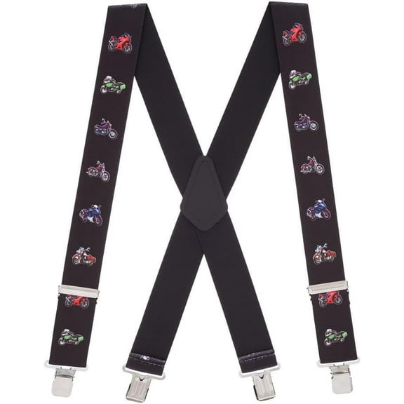 Suspender Store Novelty Motorcycle Design Suspenders - 2-Inch Wide Elastic - X-Back - Clip - 3 Sizes