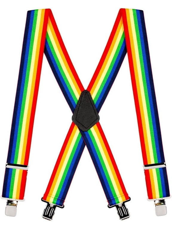 Rainbow Striped Suspenders - 2-Inch Wide Elastic - Clip - 4 Sizes Including Big & Tall