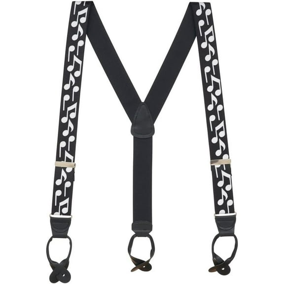 SuspenderStore White Music Notes On Black Suspenders - Button - 3 Sizes