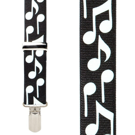 SuspenderStore White Music Notes On Black Suspenders - Small Pin Clip - 4 Sizes Including Big & Tall