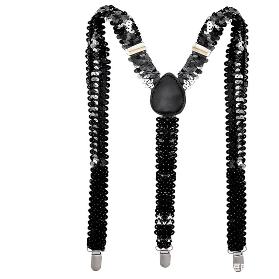 Suspenders Unisex Adjustable Sequin Y-Shape 3 Clips Sparkle Elastic Trouser Suspenders for Party Cosplay Costume Black One Size