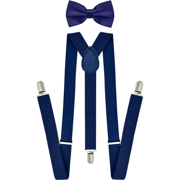 Suspenders for Men with Bow Tie Set - Adjustable Elastic 1 inch Y Shape Womens Suspenders and Bowtie Strong Clips (Navy Blue)