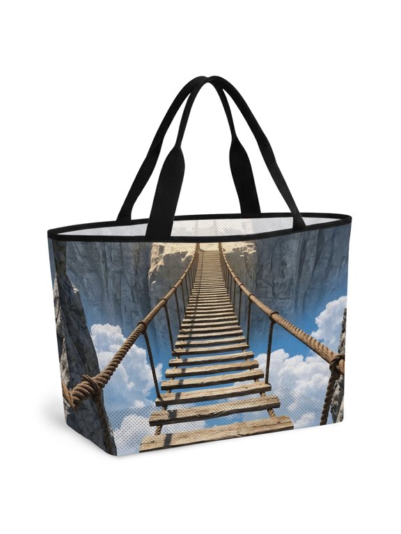 Suspension Bridge Beach Bag for Women, Large Breathable Mesh Beach Tote Bag, Cloudscape Mountain Peaks Sandproof Lightweight Travel Bags for Vacation Picnic Swimming Pool 15.7"x15.7"x9.1"
