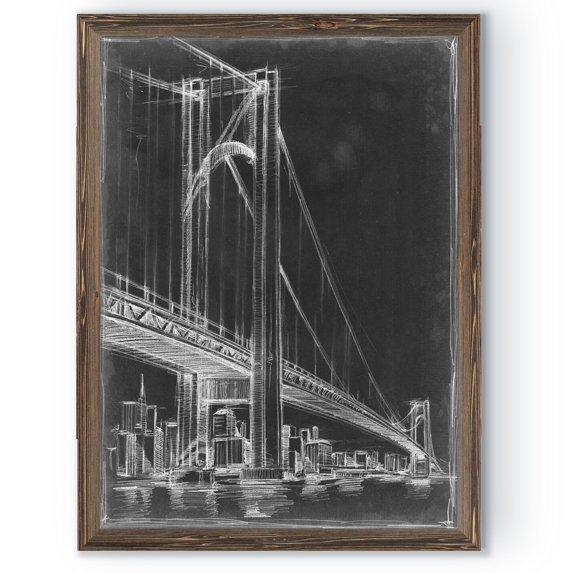 Suspension Bridge Blueprint I - Barnwood Framed - 18 x 24 - Walnut