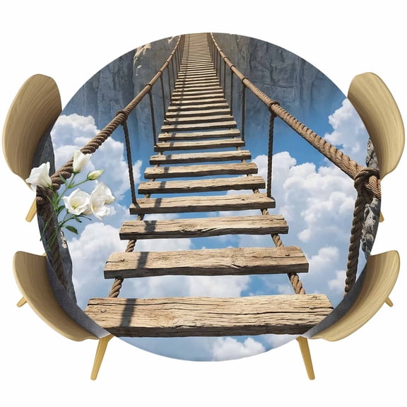 Suspension Bridge Round Tablecloth 36-44 Inch Round Fitted Table Cloth with Elastic Edge, Cloudscape Mountain Peaks Waterproof Table Cover Protector for Outdoor Picnic Party Dining