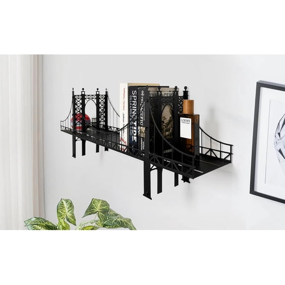 Suspension Bridge Wall Mounted Bookshelf, Black Metal Bridge Design, 26.38 x 10.28 x 5.51 inches