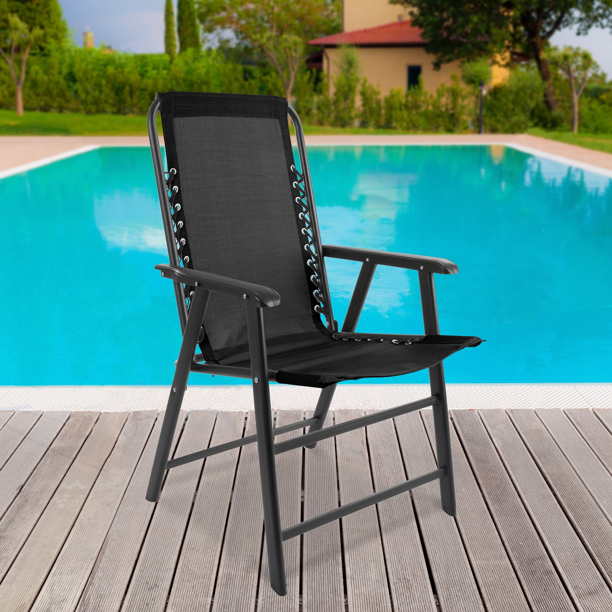 Suspension Folding Chair for Indoor/Outdoor Use- Portable Armchair with Durable Frame for Sport Events, Patio, Beach and More by Pure Garden (Black)