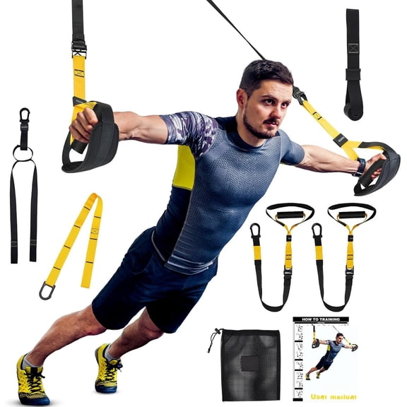 Suspension  Kit with Suspension Trainer, Straps & Bands - Adjustable Full- Workout System for  Gym, Yoga, Pilates, Travel | Compact Design