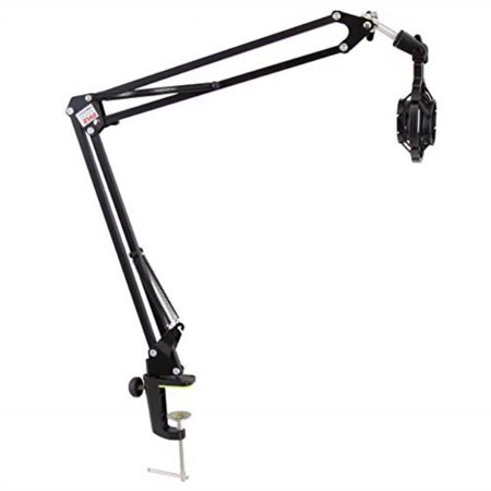 Suspension Microphone Boom Stand, Simple Clamp-Style Installation, Desktop Scissor Spring Arm Mic Stand w/ Shock Mount, Quick Setup & attached, Maximum Mic Arm Extension Dst= 2.26' ft.- Pyle (PMKSH01)