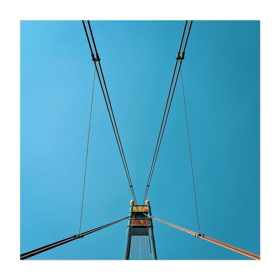Suspension Symmetry: Bridge Cables Against Blue Sky - Photography Architecture Bridge Geometric Minimalist Modern Art Skyline Industrial Unframed Wall Art Print 6 x 6 inches