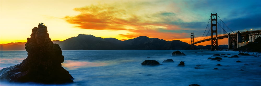 Suspension bridge across a bay at dusk Golden Gate Bridge San Francisco Bay San Francisco California USA Canvas Art - Panoramic Images (36 x 12)