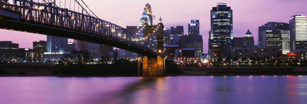 Suspension bridge across the Ohio River with skyscrapers in the background Cincinnati Ohio USA Canvas Art - Panoramic Images (6 x 18)